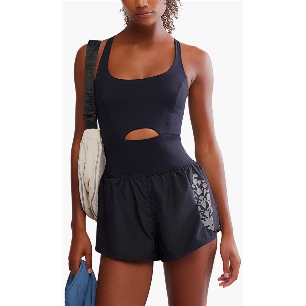 FP MOVEMENT Free People, Righteous Runsie Reflect Romper, Black, L, NWT MSRP $98